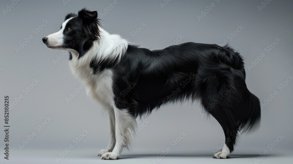 Fototapeta premium Border collie standing alone on a gray backdrop