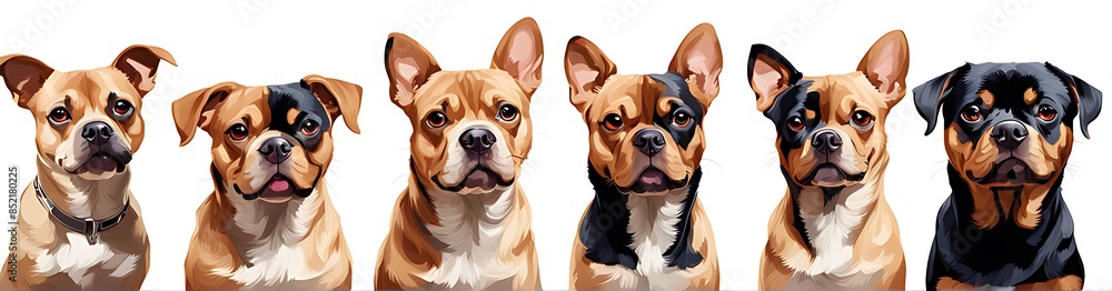 Set of 6 dog puppy, Pitbull, Pug, Rottweiler, Welsh Corgi, Beagle, Chihuahua portrait head shot isolated on White background cutout. Set of 6 dog puppy, Pitbull, Pug, Rottweiler, Welsh Corgi, Beagle, Chihuahua portrait head shot isolated on White background cutout.
