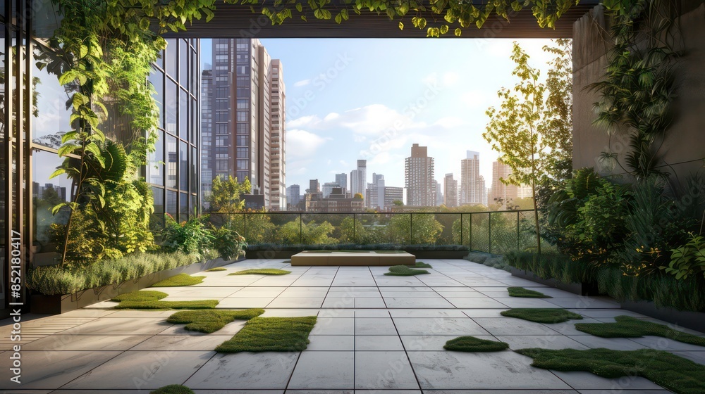 An open square floor decorated with greenery, set against the backdrop of a city skyline and buildings. Generative AI An open square floor decorated with greenery, set against the backdrop of a city skyline and buildings. Generative AI