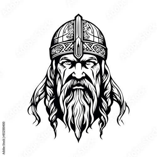 Fantastic Viking with Helmet, Armor on the White background. Hand-drawn illustration for mascot sport logo badge label sign poster emblem patch t-shirt printing.
