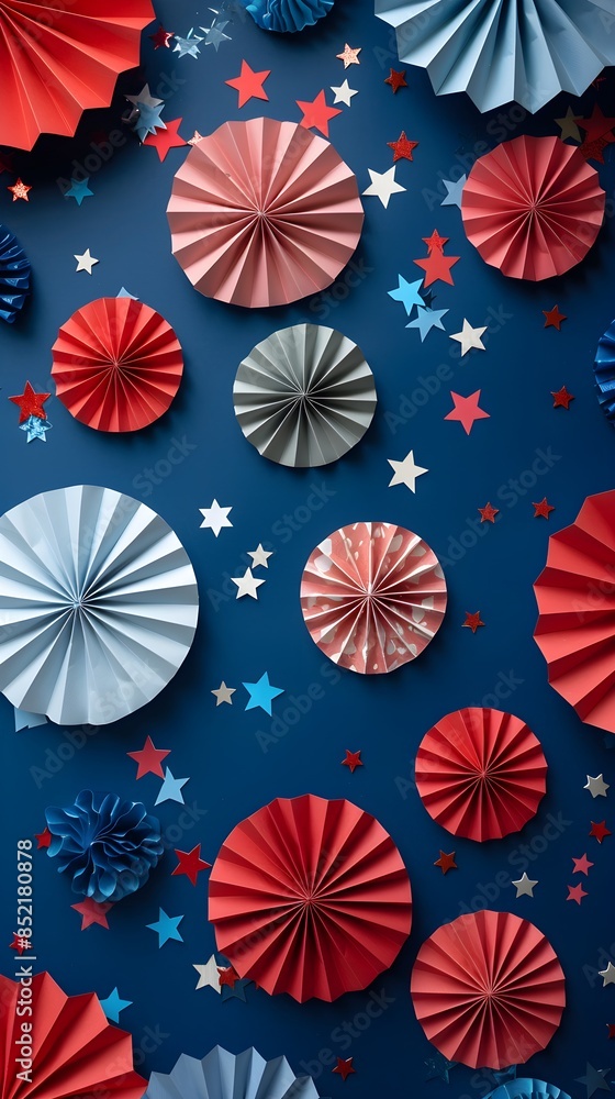 4th of July background, USA Presidents Day, Independence Day, Memorial day, US election concept. Red white and blue paper fans with stars confetti. Flat lay, top view, banner 4th of July background, USA Presidents Day, Independence Day, Memorial day, US election concept. Red white and blue paper fans with stars confetti. Flat lay, top view, banner