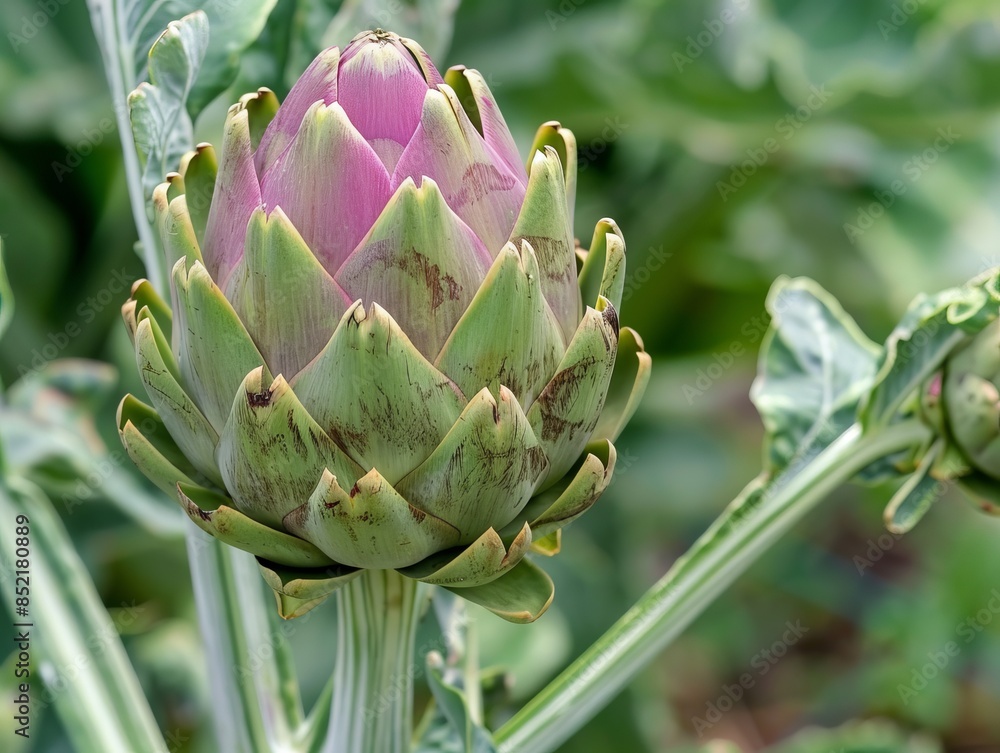 A detailed close-up of an artichoke plant in bloom A detailed close-up of an artichoke plant in bloom