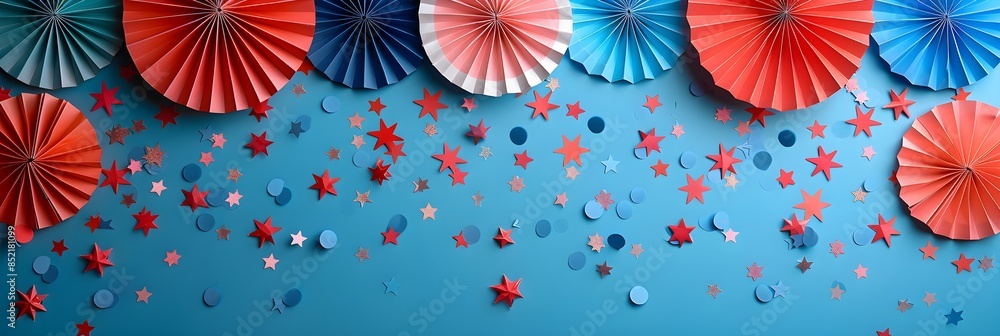 4th of July background, USA Presidents Day, Independence Day, Memorial day, US election concept. Red white and blue paper fans with stars confetti. Flat lay, top view, banner 4th of July background, USA Presidents Day, Independence Day, Memorial day, US election concept. Red white and blue paper fans with stars confetti. Flat lay, top view, banner