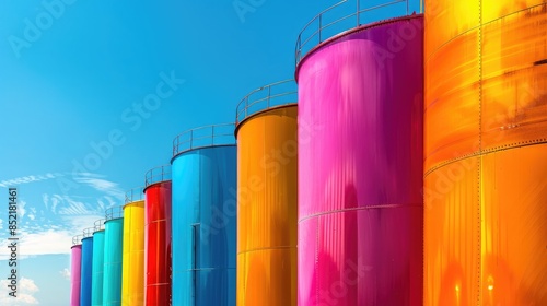 Colorful oil and fuel storage tanks in oil terminal against blue sky with white copy space photo