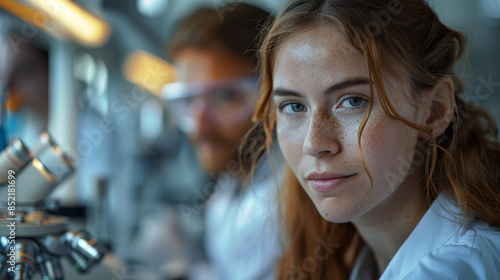 Health care researchers working in life science laboratory. Young female research scientist and senior male supervisor preparing and analyzing microscope slides in research lab