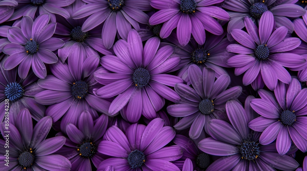 A beautiful close-up of purple daisies creating a dense and mesmerizing floral pattern. A beautiful close-up of purple daisies creating a dense and mesmerizing floral pattern.