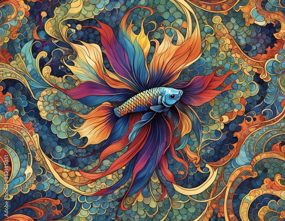 A doodle style drawing of a colorful betta fish with elaborate fins. A doodle style drawing of a colorful betta fish with elaborate fins.
