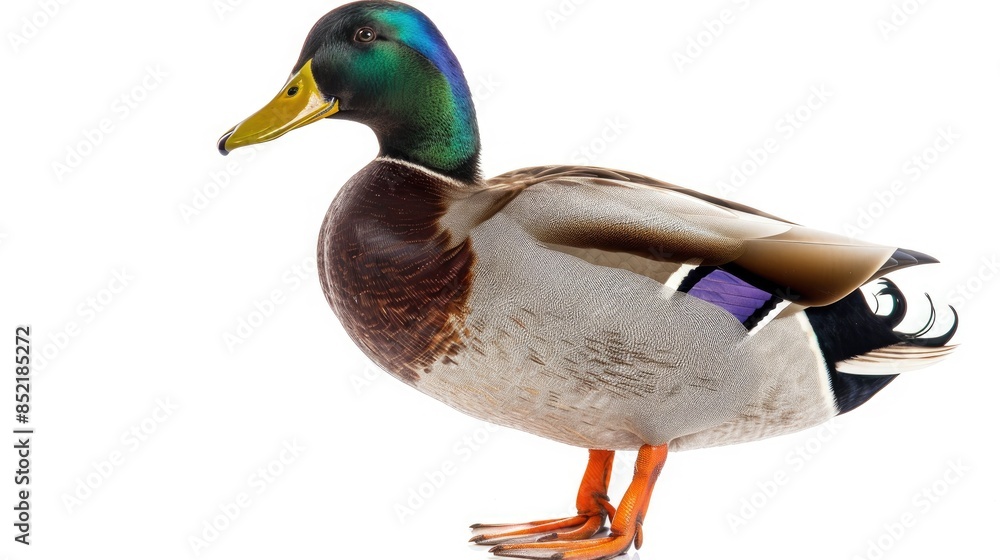 Colorful male mallard duck standing in vertical composition isolated on white looking at the camera outdoors at sunset Colorful male mallard duck standing in vertical composition isolated on white looking at the camera outdoors at sunset