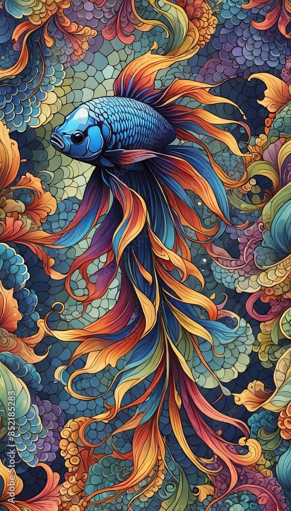 custom made wallpaper toronto digitalA doodle style drawing of a colorful betta fish with elaborate fins.