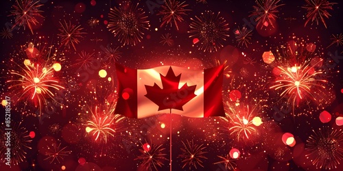 Holiday sky with fireworks and flag of Canada, independence day photo