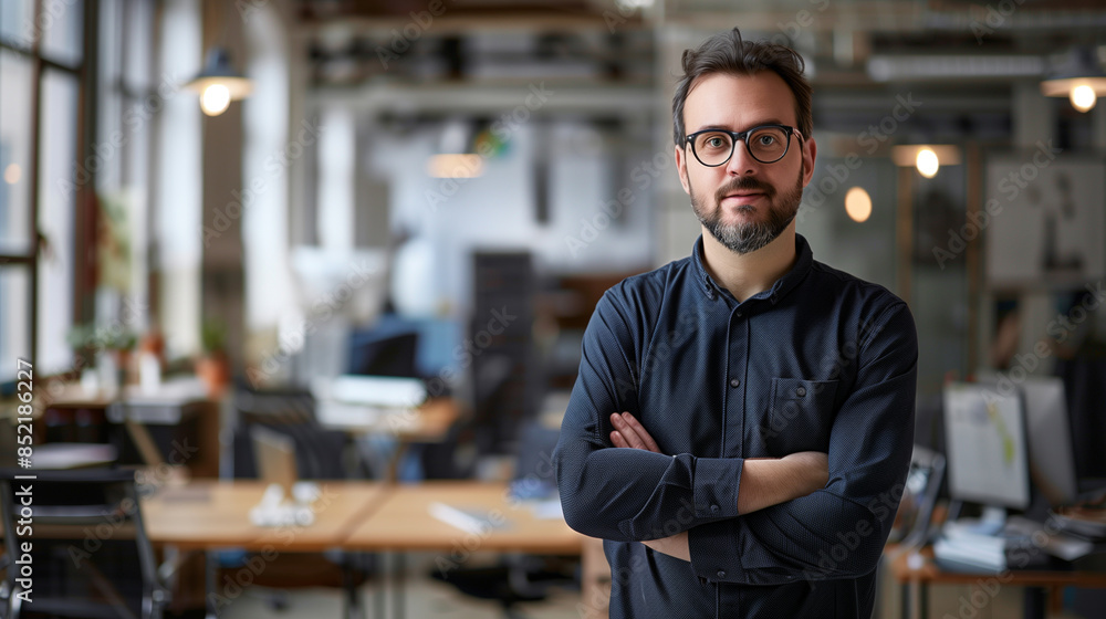 portrait of an American software engineer standing in modern office looking at camera, tech support worker portrait of an American software engineer standing in modern office looking at camera, tech support worker