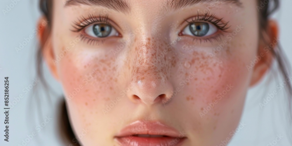 Fototapeta premium Portrait of a woman with freckles and blue eyes in beauty and fashion concept