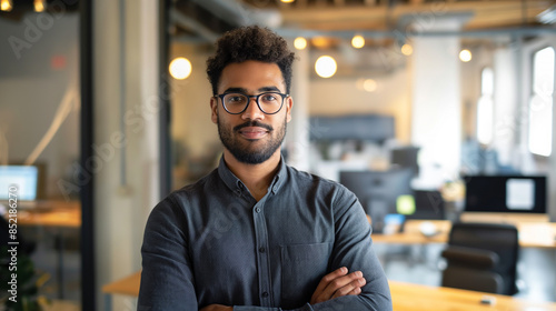 Fototapeta Naklejka Na Ścianę i Meble -  portrait of an American software engineer standing in modern office looking at camera, tech support worker 