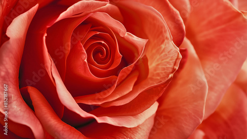 Beautiful spiral petals of red rose flower close up, AI generative