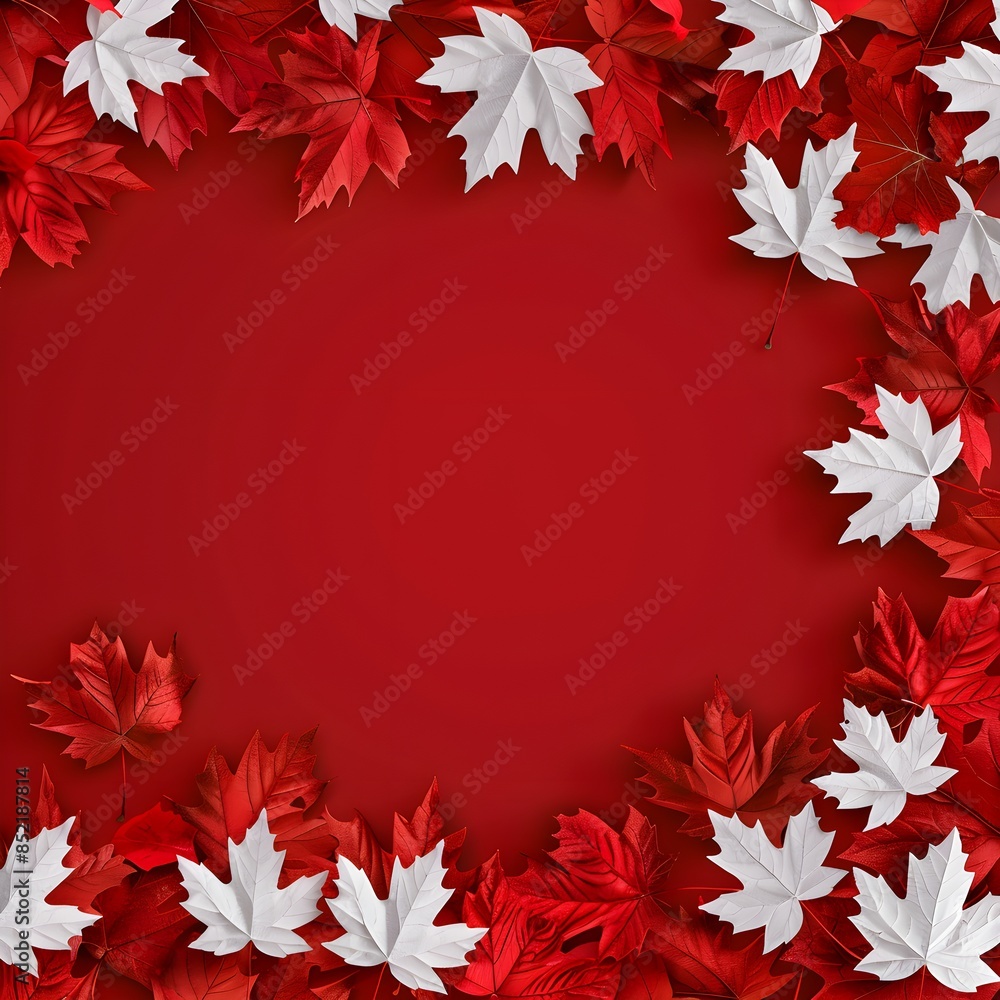 A banner for Canada Day with red and white maple leaves. Red background and free space for text A banner for Canada Day with red and white maple leaves. Red background and free space for text