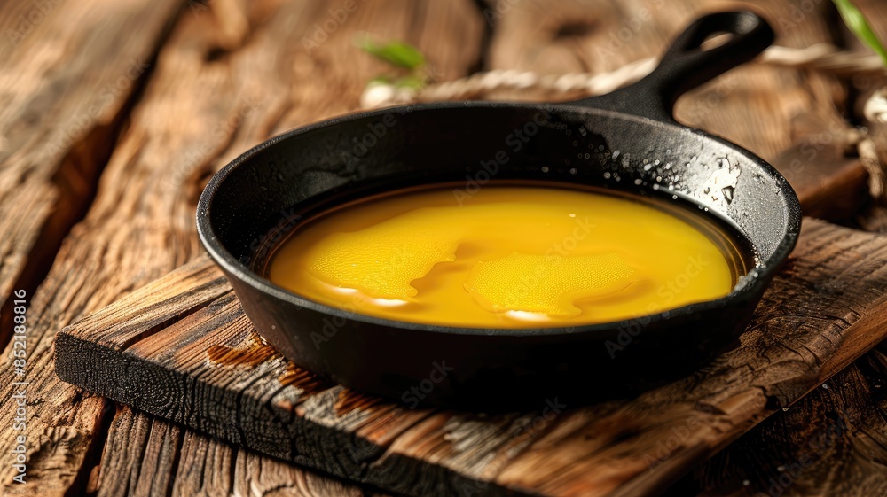 Cast iron skillet with yellow melted substance on rustic wooden surface Cast iron skillet with yellow melted substance on rustic wooden surface