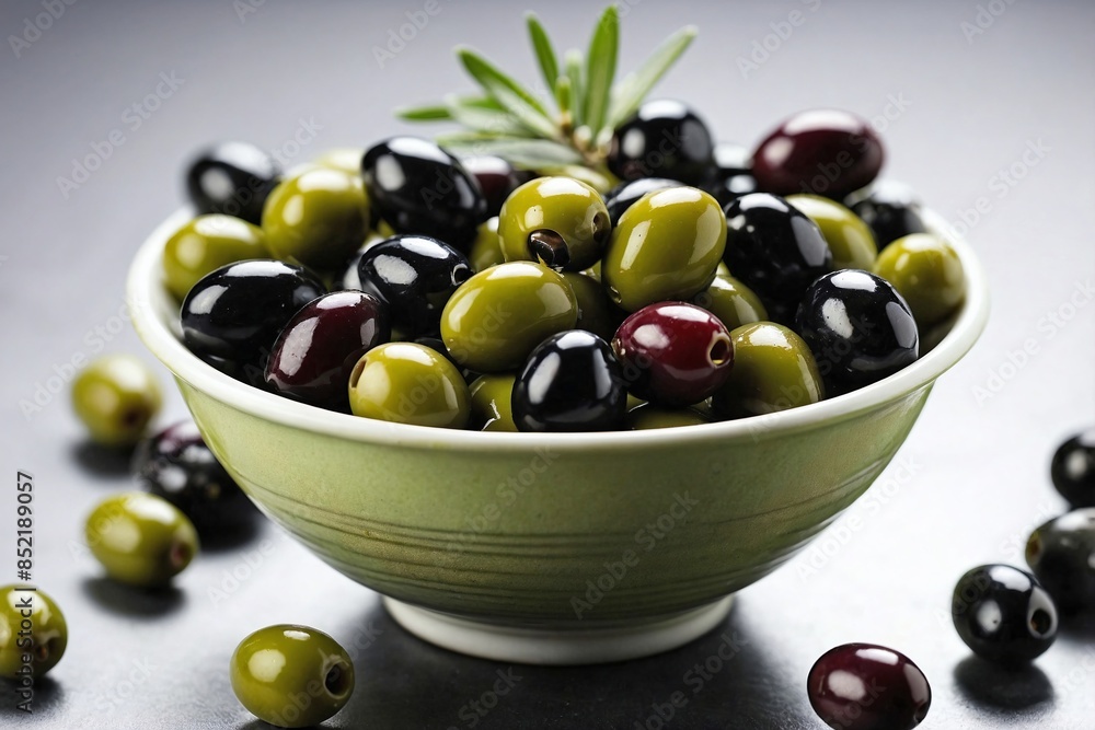 a small bowl filled with green and black olives a small bowl filled with green and black olives
