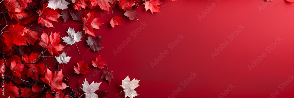 A banner for Canada Day with red and white maple leaves. Red background and free space for text A banner for Canada Day with red and white maple leaves. Red background and free space for text