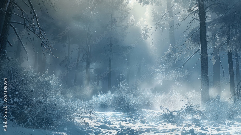 A winter storm raging through a frost covered forest in the midst of winter A winter storm raging through a frost covered forest in the midst of winter
