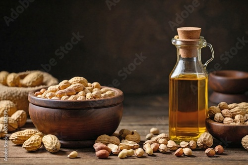 Wallpaper Mural Peanut Oil: A rustic jar of light amber peanut oil, accompanied by a handful of shelled and unshelled peanuts scattered around it. Torontodigital.ca