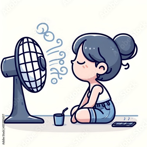 Illustration of a girl resting in front of a fan because it's too hot