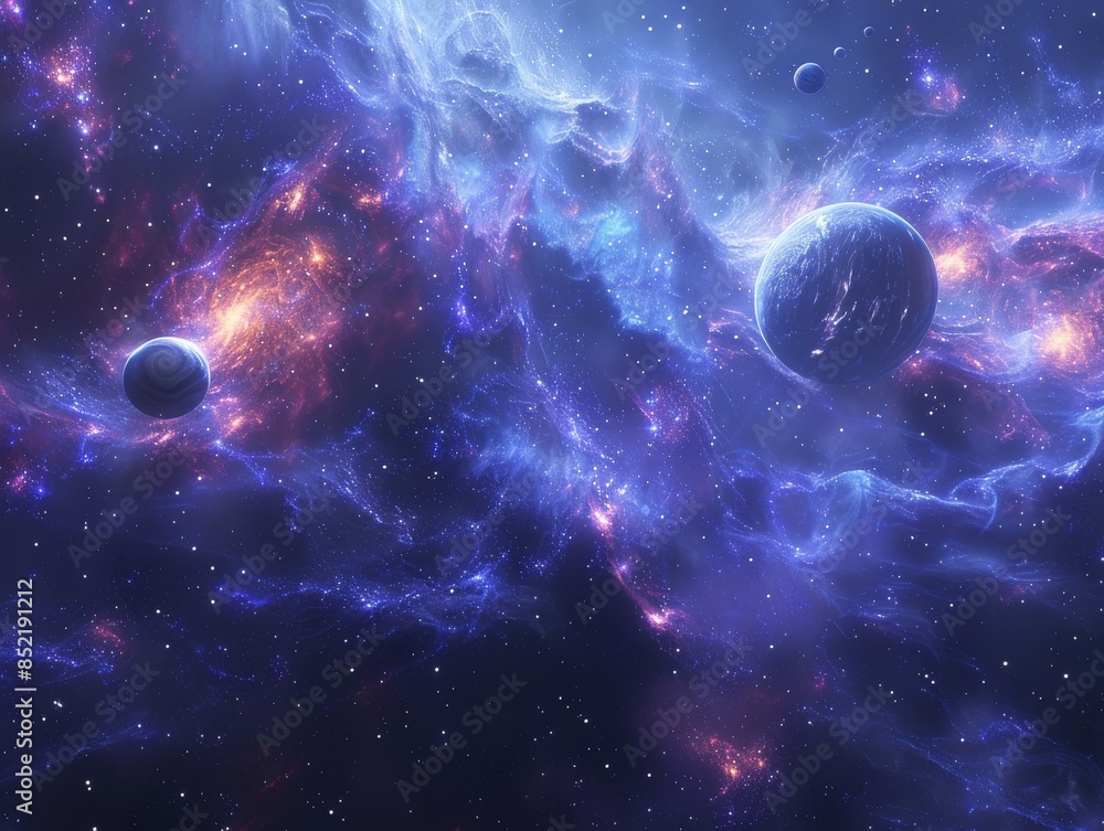 A blue space illustration with planets and moons. A blue space illustration with planets and moons.