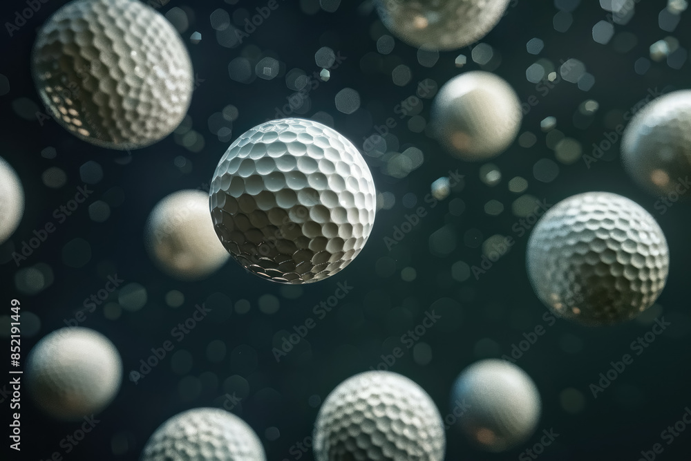 Fototapeta premium dynamic floating golf balls with bokeh light background in motion