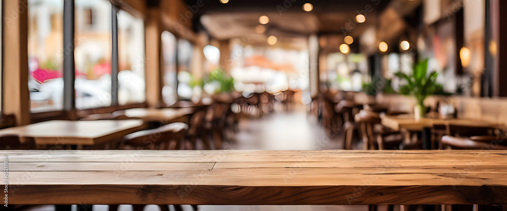Empty wooden table with blur restaurant cafe background Empty wooden table with blur restaurant cafe background