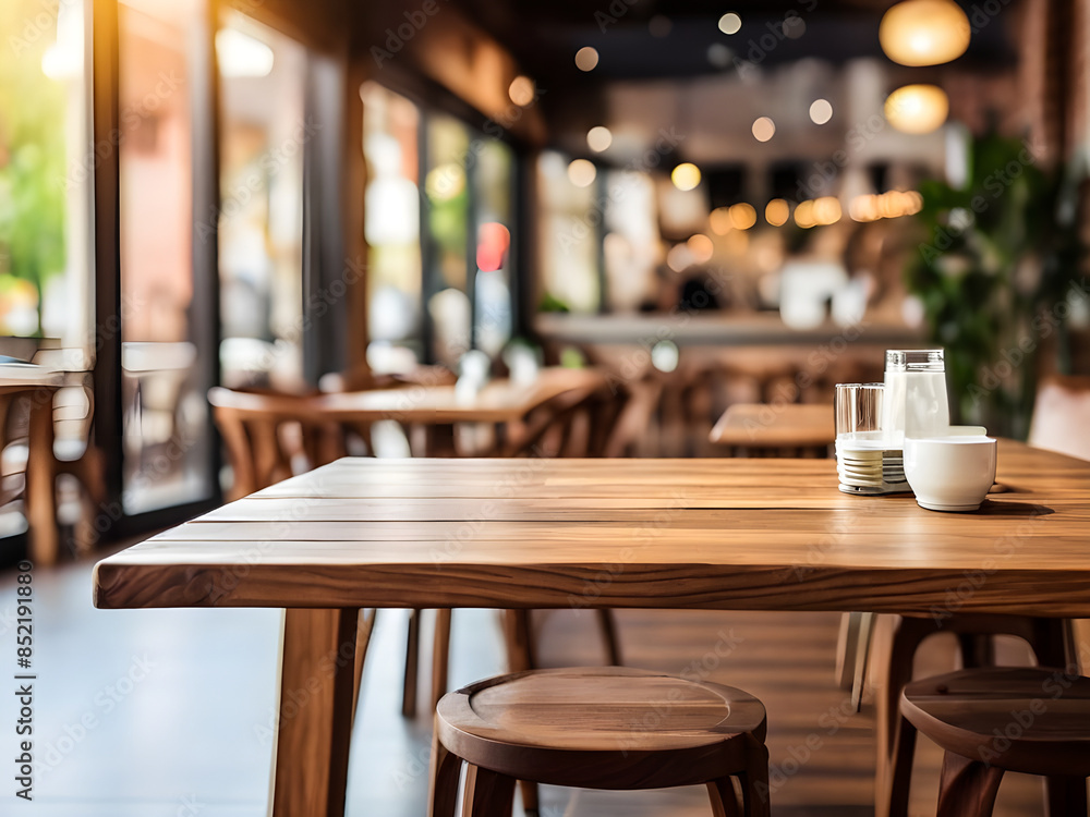Empty wooden table with blur restaurant cafe background Empty wooden table with blur restaurant cafe background