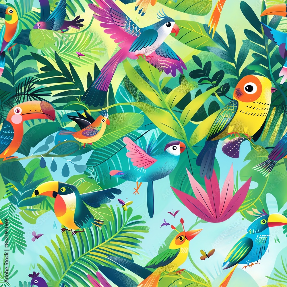 A children's book illustration featuring a whimsical scene of colorful tropical birds, designed to engage young readers with bright colors and educational content about biodiversity A children's book illustration featuring a whimsical scene of colorful tropical birds, designed to engage young readers with bright colors and educational content about biodiversity