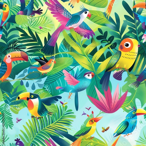 A children's book illustration featuring a whimsical scene of colorful tropical birds, designed to engage young readers with bright colors and educational content about biodiversity