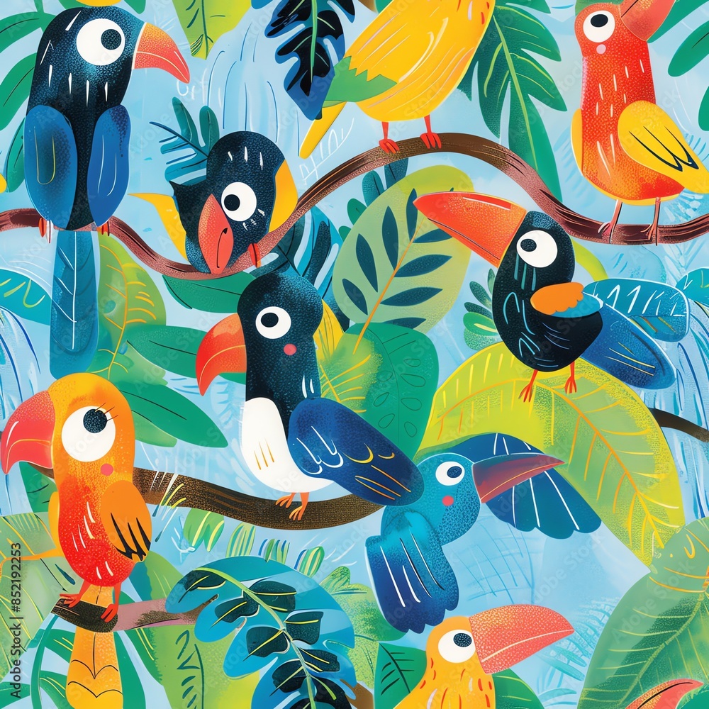 Fototapeta premium A children's book illustration featuring a whimsical scene of colorful tropical birds, designed to engage young readers with bright colors and educational content about biodiversity