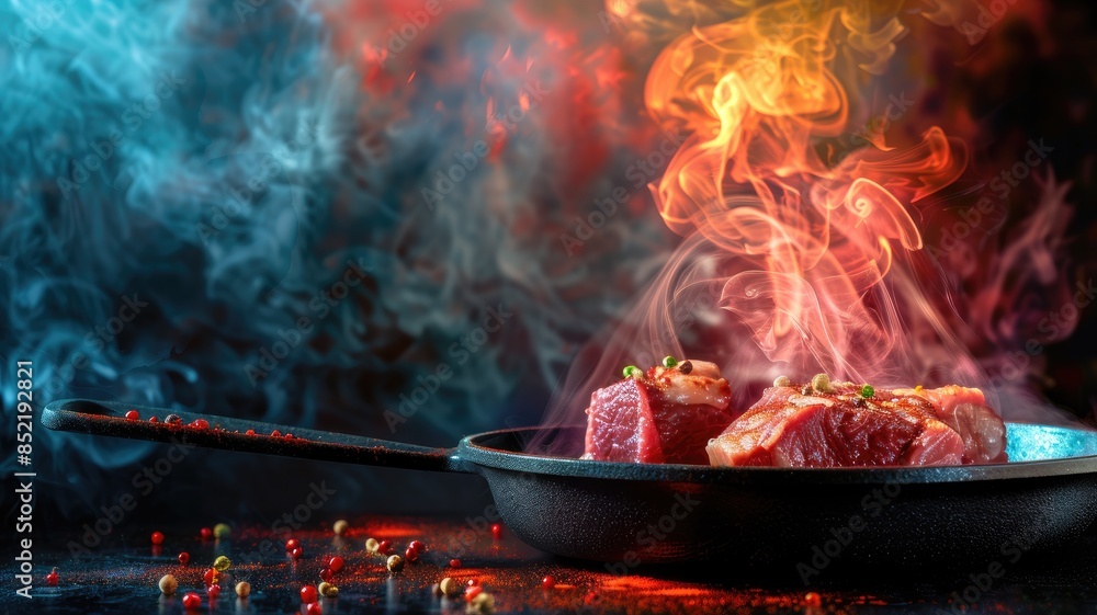 Juicy meat slices cooking in skillet with vibrant flames and smoke Juicy meat slices cooking in skillet with vibrant flames and smoke