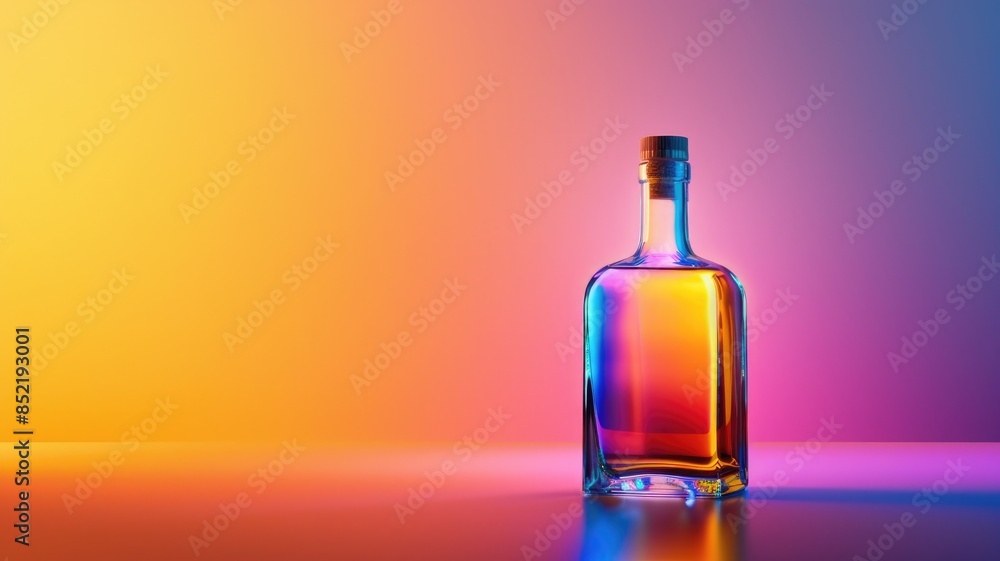 Glass bottle with colorful liquid against vibrant gradient background Glass bottle with colorful liquid against vibrant gradient background