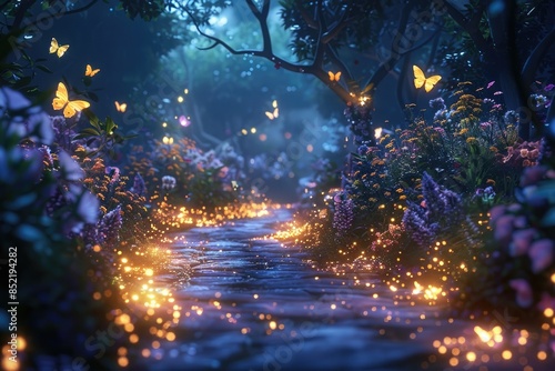 A secret garden illuminated by the soft glow of fireflies, where butterfly fairies gather to share tales under the shimmering moonlight