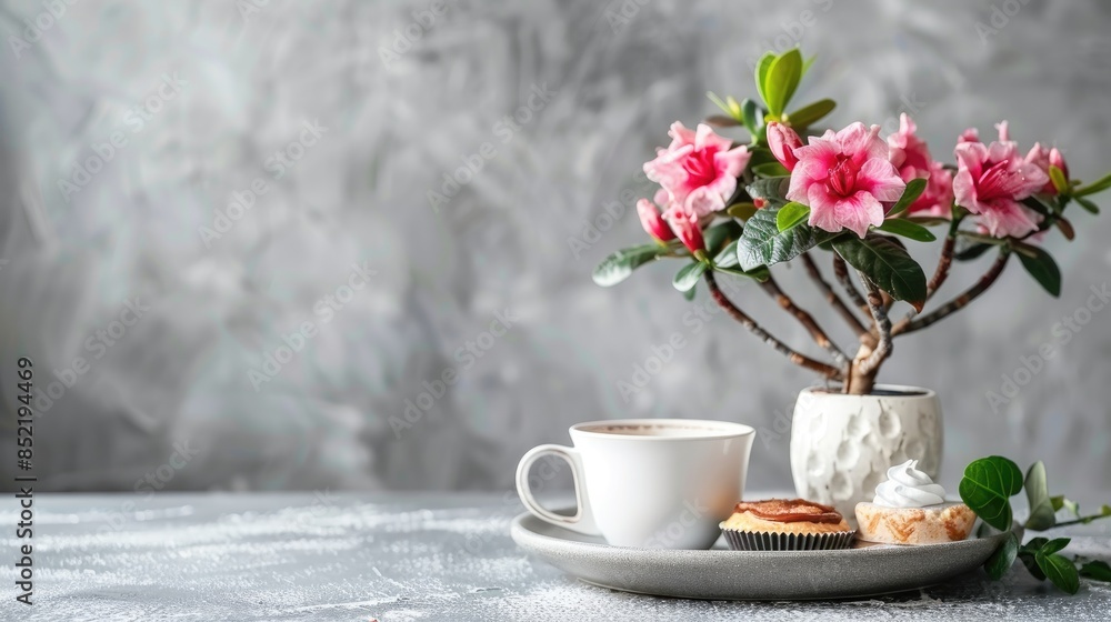 Morning concept Adenium plant in pot and cup of coffee with desserts on the table Morning concept Adenium plant in pot and cup of coffee with desserts on the table