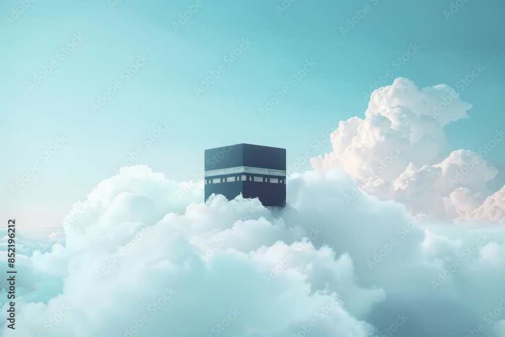 hyper-realistic concept of kaaba floating on pastel cloud background ...