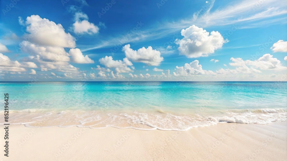 Natural panorama of a beautiful beach with white sand, calm rolling clear turquoise water and blue sky with clouds on a hot sunny day Natural panorama of a beautiful beach with white sand, calm rolling clear turquoise water and blue sky with clouds on a hot sunny day