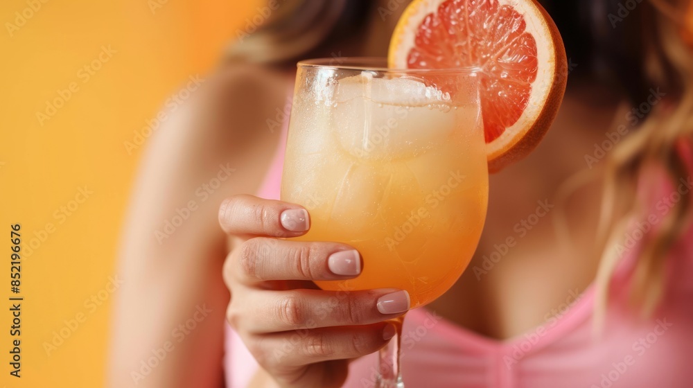 Fototapeta premium Woman holding glass of tasty grapefruit margarita