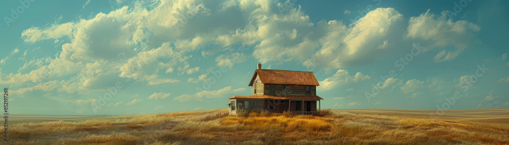 Rustic Farmhouse in Vast Golden Prairie Under Blue Sky with Fluffy Clouds Perfect for Rural Retreats, Peaceful Escapes, and Nature Photography Enthusiasts Rustic Farmhouse in Vast Golden Prairie Under Blue Sky with Fluffy Clouds Perfect for Rural Retreats, Peaceful Escapes, and Nature Photography Enthusiasts