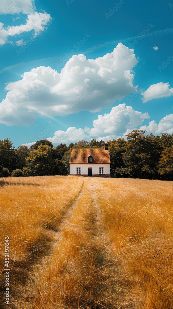 Serene Countryside House in a Golden Field Under a Blue Sky with White Clouds Tranquil and Picturesque Scene Depicting Solitude and Harmony in Nature Serene Countryside House in a Golden Field Under a Blue Sky with White Clouds Tranquil and Picturesque Scene Depicting Solitude and Harmony in Nature