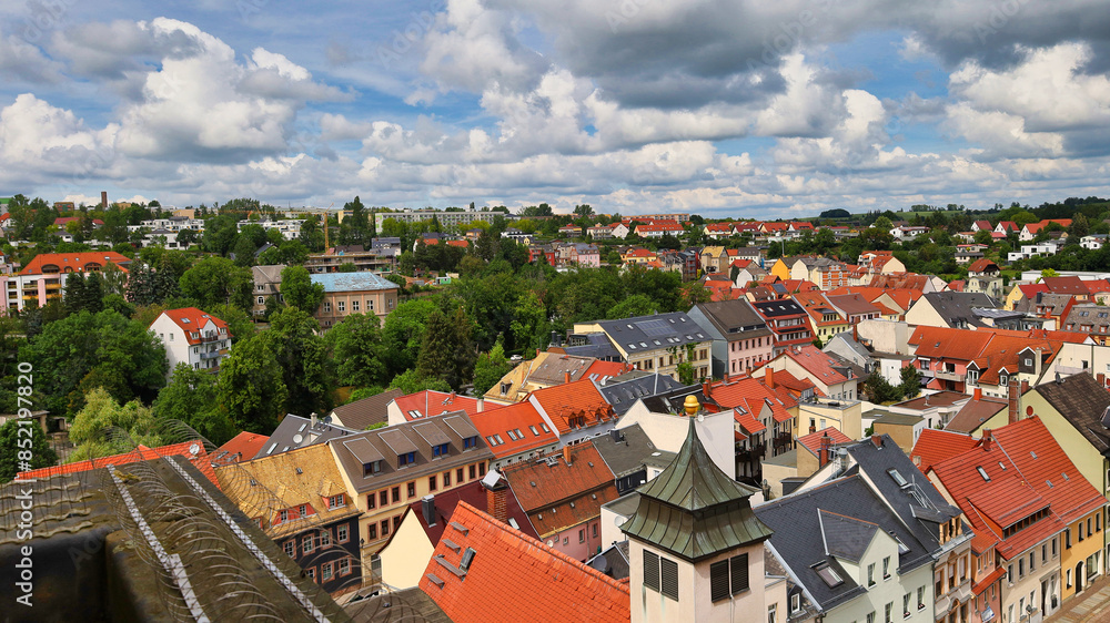 Fototapeta premium Blick vom Rathausturm über die Stadt, Rathaus Döbeln am 31. Mai 2024, Landkreis Mittelsachsen, Sachsen, Deutschland 