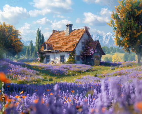 Tranquil Cottage in a Blooming Lavender Field with Mountains in the Background and Vibrant Blue Sky Accentuated by Puffy White Clouds, Ideal for Relaxation and Nature Enthusiasts photo