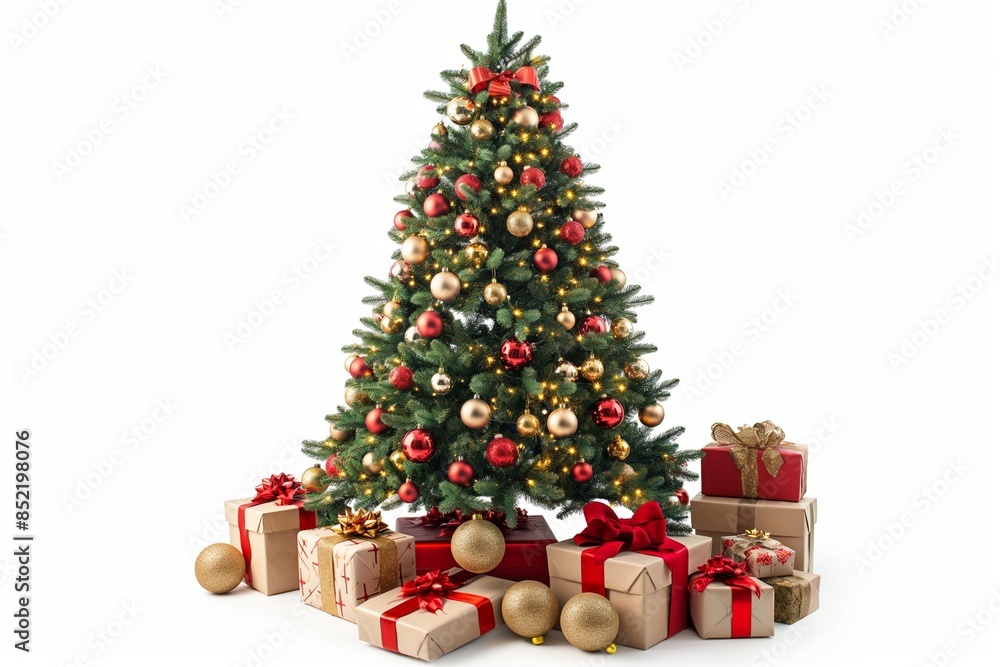 Decorated Christmas tree with presents for the New Year, isolated on a white background. High-definition image perfect for holiday-themed projects, showcasing festive decorations and wrapped gifts. Decorated Christmas tree with presents for the New Year, isolated on a white background. High-definition image perfect for holiday-themed projects, showcasing festive decorations and wrapped gifts.