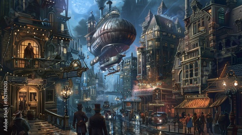 Steampunk cityscape with airship and bustling street scene © HM Design