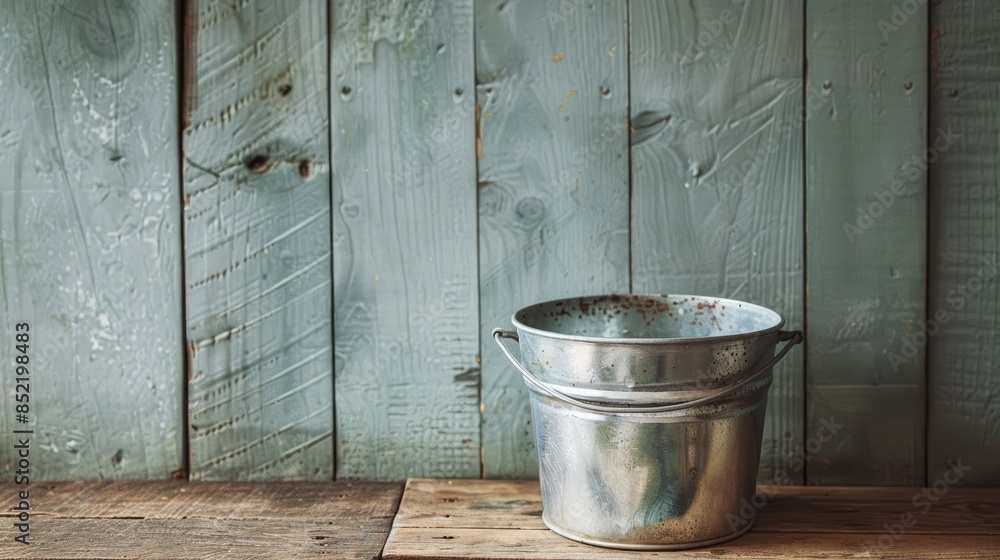Empty zinc pot on a wooden background with space for copy Empty zinc pot on a wooden background with space for copy