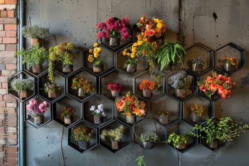 A series of modular hexagonal frames made of black metal wire, each filled with a different variety of artificial blooms and foliage, arranged in a honeycomb pattern on the wall, creating a visually s photo