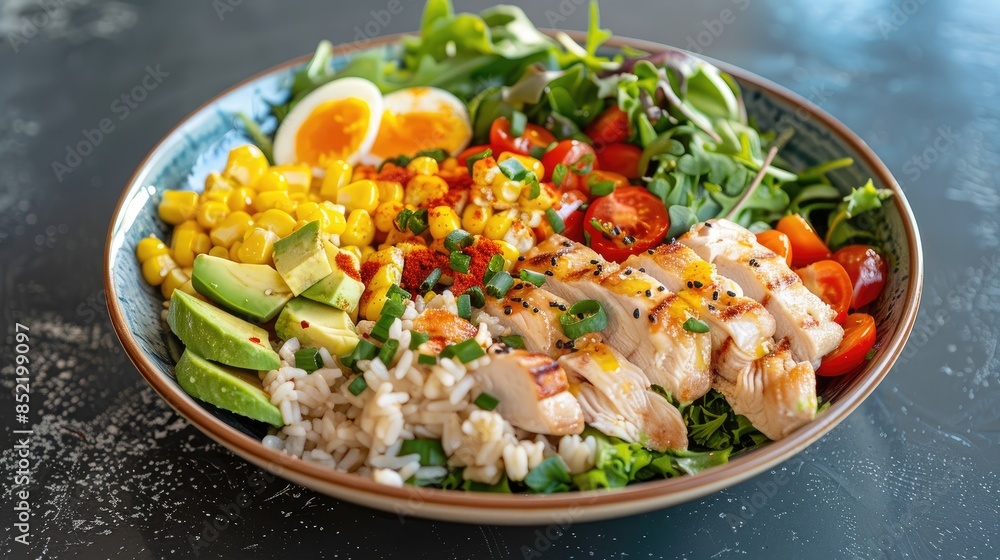 Chicken and egg fresh vegetable salad with a protein plate comprising corn tomatoes lettuce and avocado along with a rice poke bowl Chicken and egg fresh vegetable salad with a protein plate comprising corn tomatoes lettuce and avocado along with a rice poke bowl