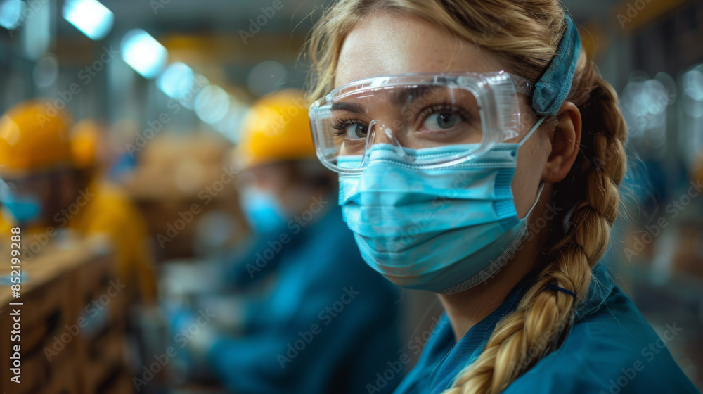 Industrial workers with face masks protected against corona virus discussing about production in factory. People working during COVID-19 pandemic Industrial workers with face masks protected against corona virus discussing about production in factory. People working during COVID-19 pandemic
