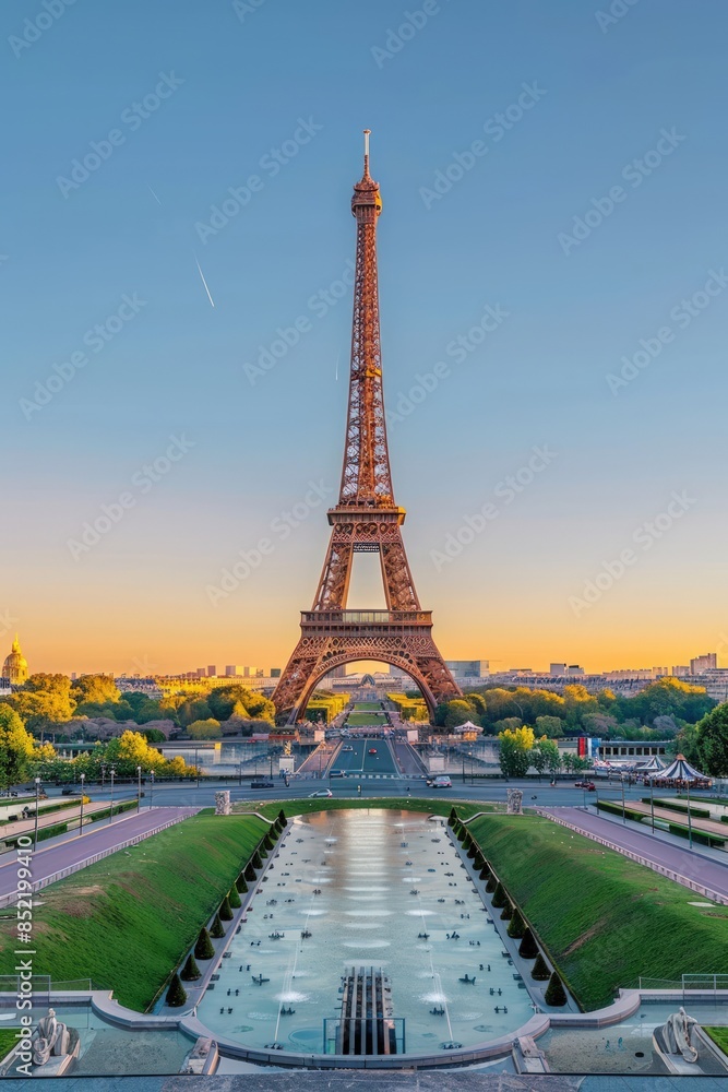 Fototapeta premium The Eiffel Tower is lit up by the sun, creating a beautiful and serene atmosphere